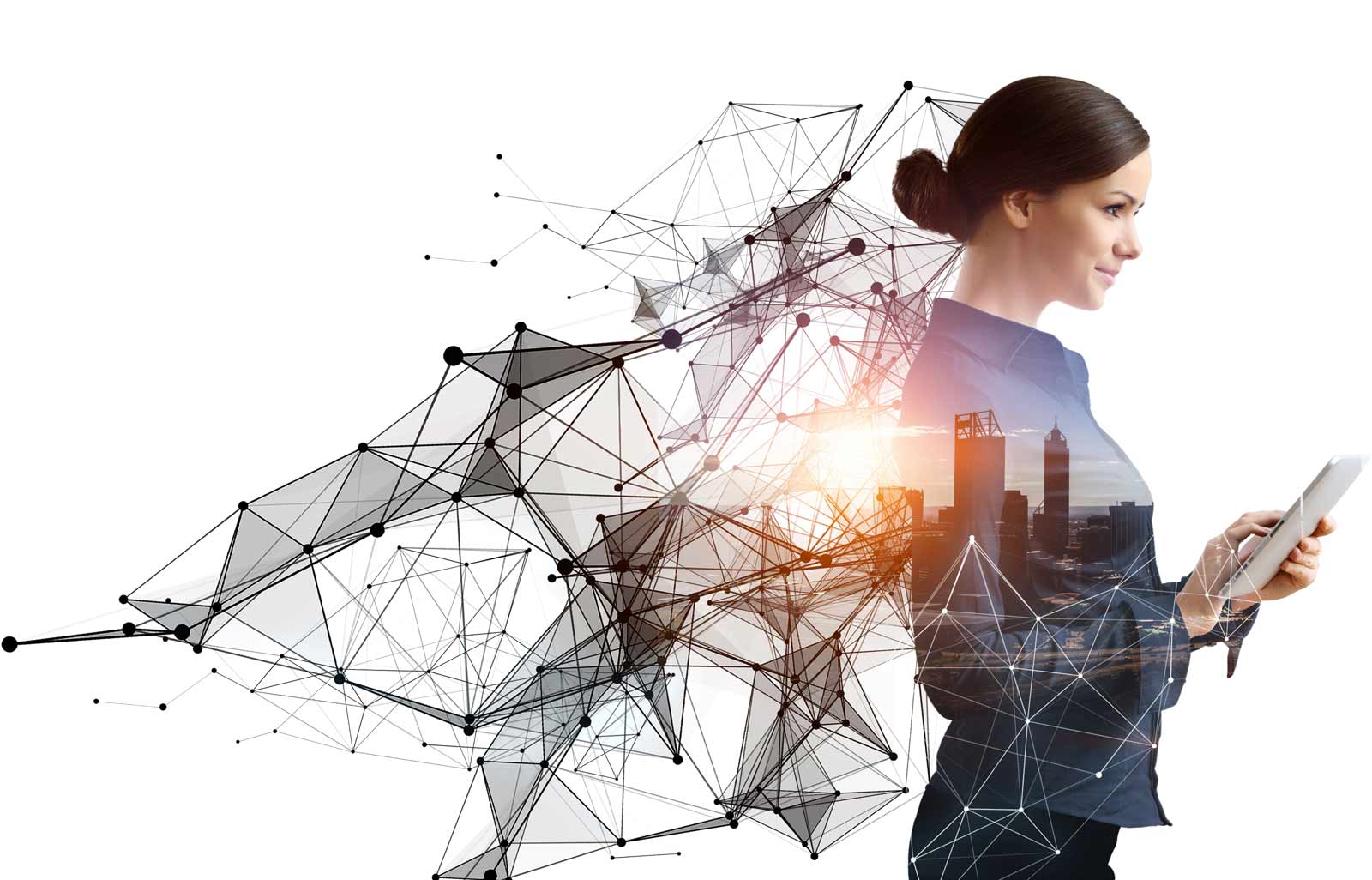 Professional woman holding a tablet with digital network connections and a cityscape overlay, symbolizing technology integration in modern business.